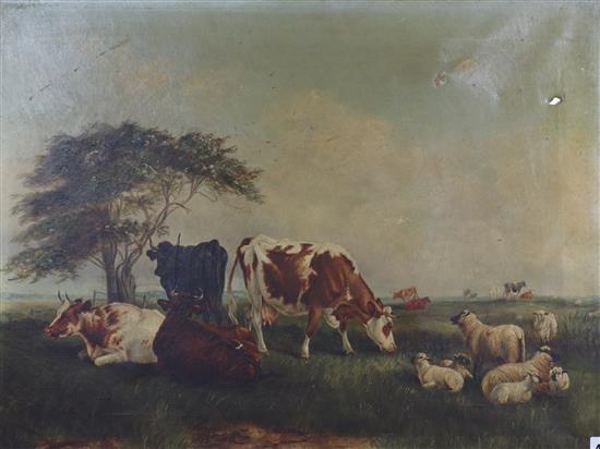 Louise Johnson (19th C.) oil on canvas, Cattle and sheep in a meadow, signed and dated 1868, 46 x 60cm, unframed